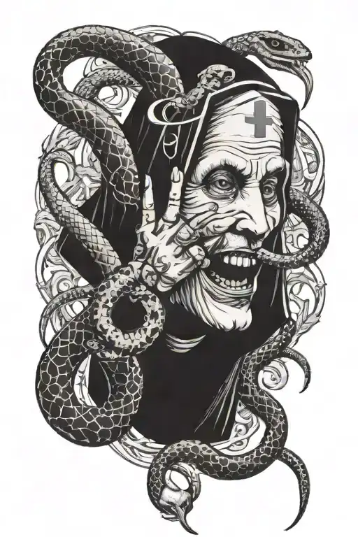 The head of a nun who crosses her middle fingers and shows her tongue and is surrounded by a rattling snake that passes  tattoo design idea