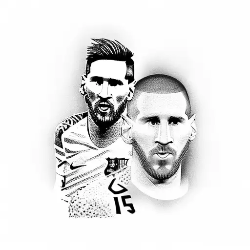A dotwork tattoo of Lionel Messi's face in his FC Barcelona jersey holding the World Cup trophy tattoo design idea
