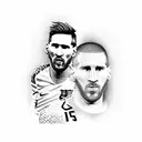 A dotwork tattoo of Lionel Messi's face in his FC Barcelona jersey holding the World Cup trophy tattoo design idea