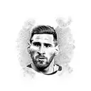 A dotwork tattoo of Lionel Messi's face in his FC Barcelona jersey holding the World Cup trophy tattoo design idea