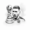A dotwork tattoo of Lionel Messi's face in his FC Barcelona jersey holding the World Cup trophy tattoo design idea