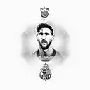 A dotwork tattoo of Lionel Messi's face in his FC Barcelona jersey holding the World Cup trophy tattoo design idea