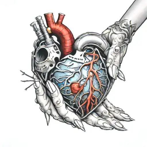 Biomechal heart being plucked away by female hands with sharp nails. Heart is damaged.  tattoo design idea