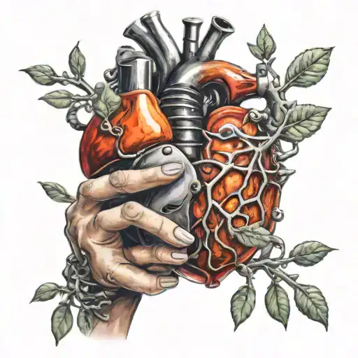 Biomechanical heart with holes in it, being held by a female hand with sharp nails. While the other hand is giving away tattoo design idea