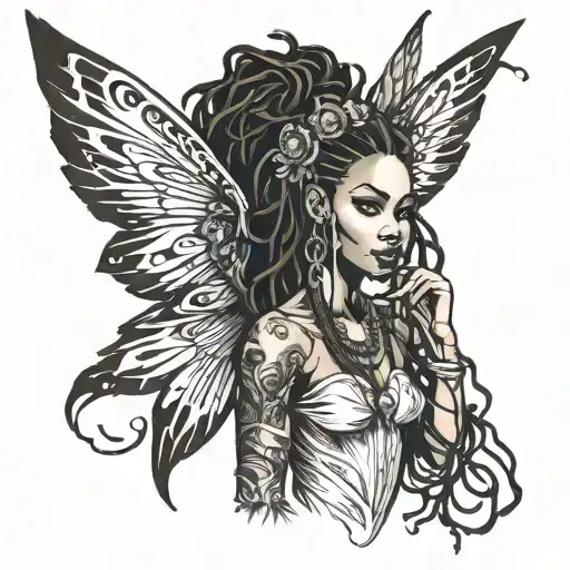African American fairy with gothic wings and dread locs.  tattoo design idea