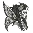 fierce African American fairy with evil wings, dread locs and a crown.  tattoo design idea