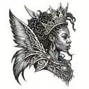 fierce African American fairy with evil wings, dread locs and a crown.  tattoo design idea