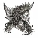 fierce African American fairy with evil wings, dread locs and a crown.  tattoo design idea