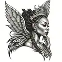 fierce African American fairy with evil wings, dread locs and a crown.  tattoo design idea