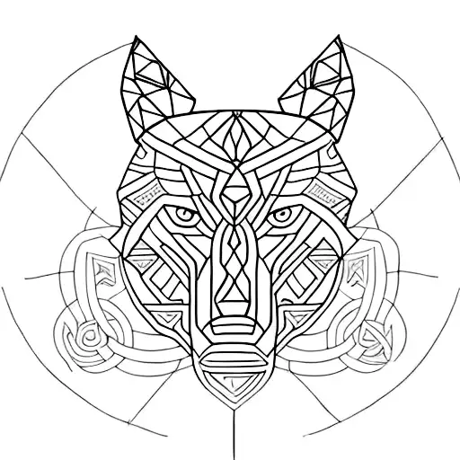 A minimalist tattoo of a wolf with intricate geometric patterns, embodying the strength and connection to nature found in viking culture. tattoo design idea