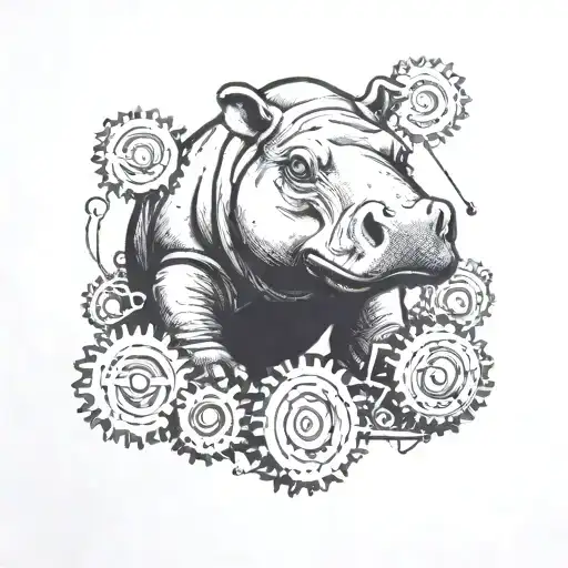 A baby hippo playing with gears and tools, embodying the client's interest in both babies and civil engineering tattoo design idea