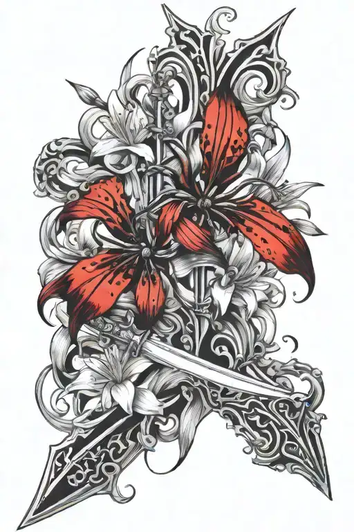 red and black spider lillies wrapper around a sword tattoo design idea