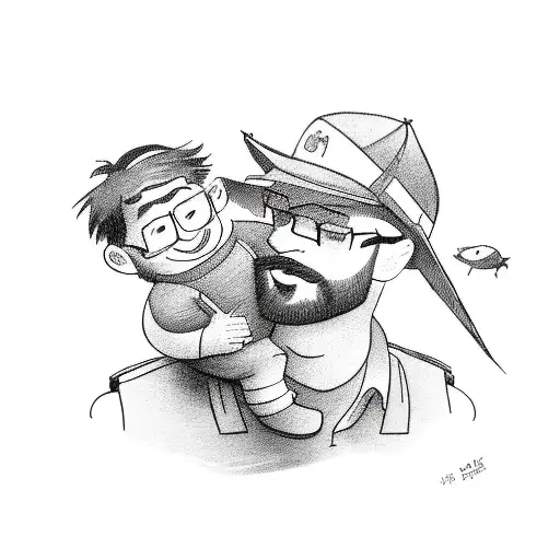 dad carrying his son to the school downhill  tattoo design idea