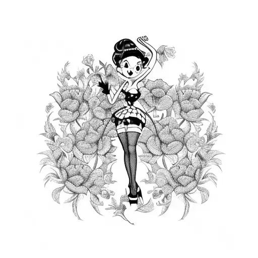 A bold blackwork design showcasing Betty Boop in a seductive pose, wearing fishnet stockings and pink high heels while mowing through a field of flowers tattoo design idea