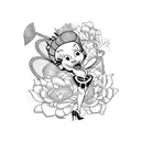 A bold blackwork design showcasing Betty Boop in a seductive pose, wearing fishnet stockings and pink high heels while mowing through a field of flowers tattoo design idea
