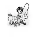 A playful design featuring a topless Betty Boop lounging on a lawn mower surrounded by fishnet patterns and pink high heels tattoo design idea