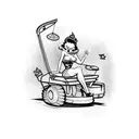A playful design featuring a topless Betty Boop lounging on a lawn mower surrounded by fishnet patterns and pink high heels tattoo design idea