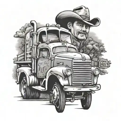 Create a detailed tattoo of a truck driver cruising through Gatlinburg with a guitar strapped to the back tattoo design idea