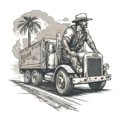 Create a tattoo of a truck driver cruising down a highway with a guitar strapped to his back tattoo design idea