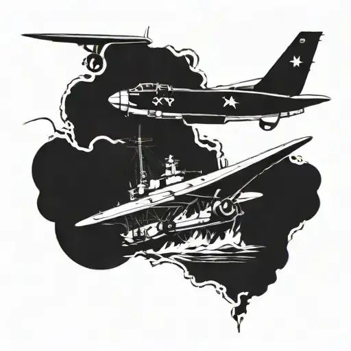 world war 2 battleship fighting airplane  tattoo design idea