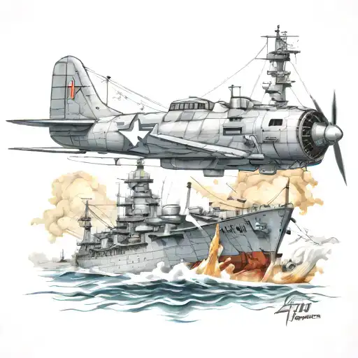 world war 2 battleship fighting with airplane  tattoo design idea