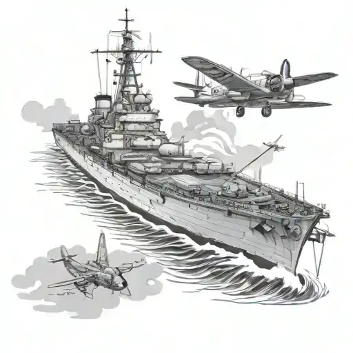 World War II warship battle with airplane  tattoo design idea