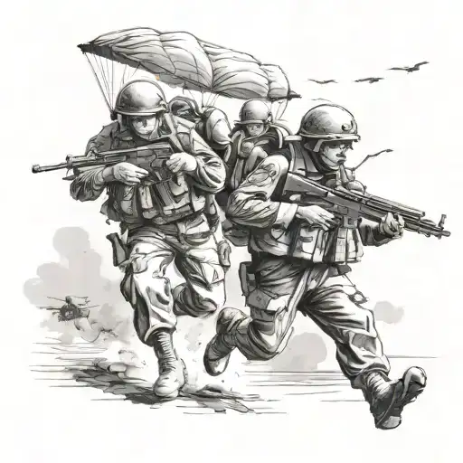 world war 2   paratroopers landing on a warzone tattoo design idea