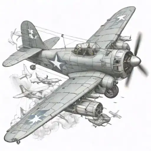 world war 2 battleship fighting airplane with paratroopers  tattoo design idea