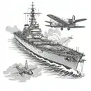 World War II warship battle with airplane  tattoo design idea