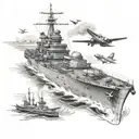 World War II warship battle with airplane  tattoo design idea