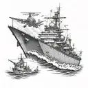 World War II warship battle with airplane  tattoo design idea