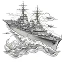 World War II warship battle with airplane  tattoo design idea