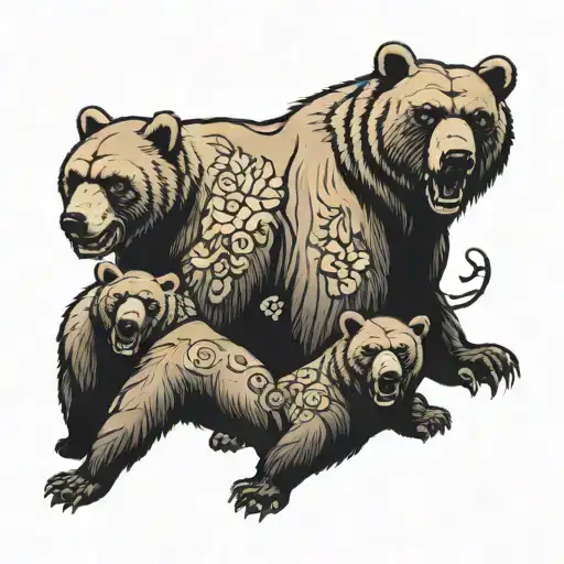 an angry bear with a grin protects his mother and three cubs from war tattoo design idea