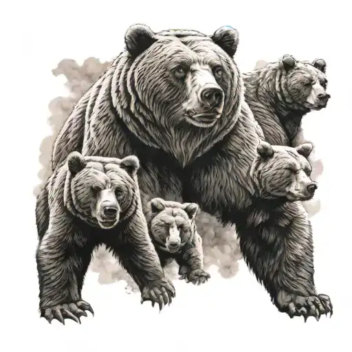 A bear with a grin guards his mother and three cubs against the backdrop of war tattoo design idea