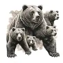A bear with a grin guards his mother and three cubs against the backdrop of war tattoo design idea