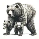 A bear with a grin guards his mother and three cubs against the backdrop of war tattoo design idea