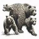A bear with a grin guards his mother and three cubs against the backdrop of war tattoo design idea