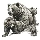 A bear with a grin guards his mother and three cubs against the backdrop of war tattoo design idea