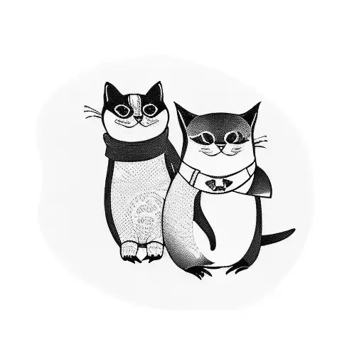 A tattoo design of a cat performing CPR on a penguin with an EKG line in the background tattoo design idea