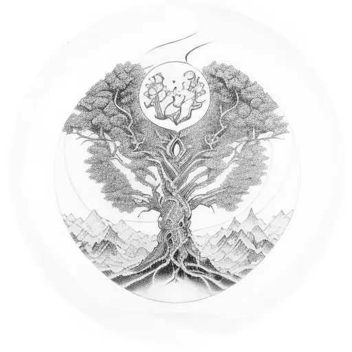 Yggdrasil tree branch expanding, thurisaz rune tattoo design idea