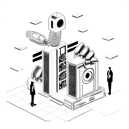 A cinematic scene of a government official standing in front of a massive AI supercomputer, with symbols of power and control subtly hidden in the background tattoo design idea