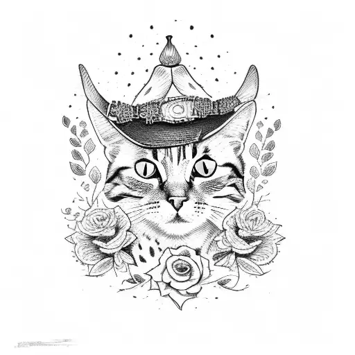 cat with floral cowboy hat tattoo design idea