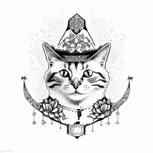 cat with floral cowboy hat tattoo design idea