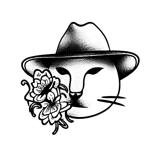 cat with cowboy hat and flowers  tattoo design idea