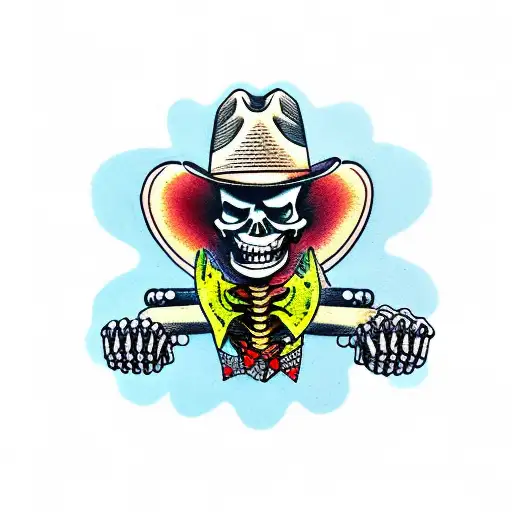 hitchhiking skeleton wearing a cowboy hat and smoking  tattoo design idea