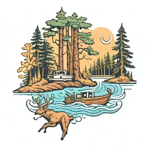 A boat sailing through a forest filled with deer and moose, symbolizing the client's love for the outdoors tattoo design idea