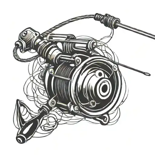 A tattoo design featuring a fishing rod intertwined with electrical wires, symbolizing the client's love for gishing and their occupation as an electrician. tattoo design idea