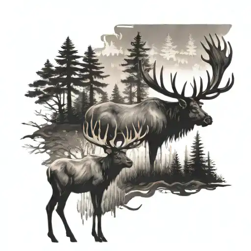An intricate tattoo design of a deer and a moose standing together in a forest setting, representing the client's love for hunting and nature. tattoo design idea