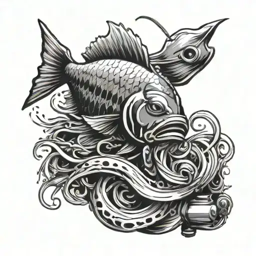 A unique tattoo design of a fish morphing into an electrical plug, combining the client's love for fishing and their occupation as an electrician. tattoo design idea