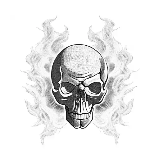 A menacing skull emerging from a cloud of smoke in a blackwork style tattoo design idea